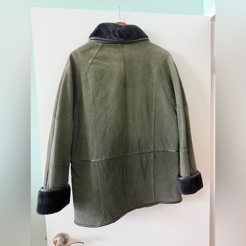 Vintage Claire Neuville green suede leather jacket coat faux fur collar/cuffs - Picture 7 of 10